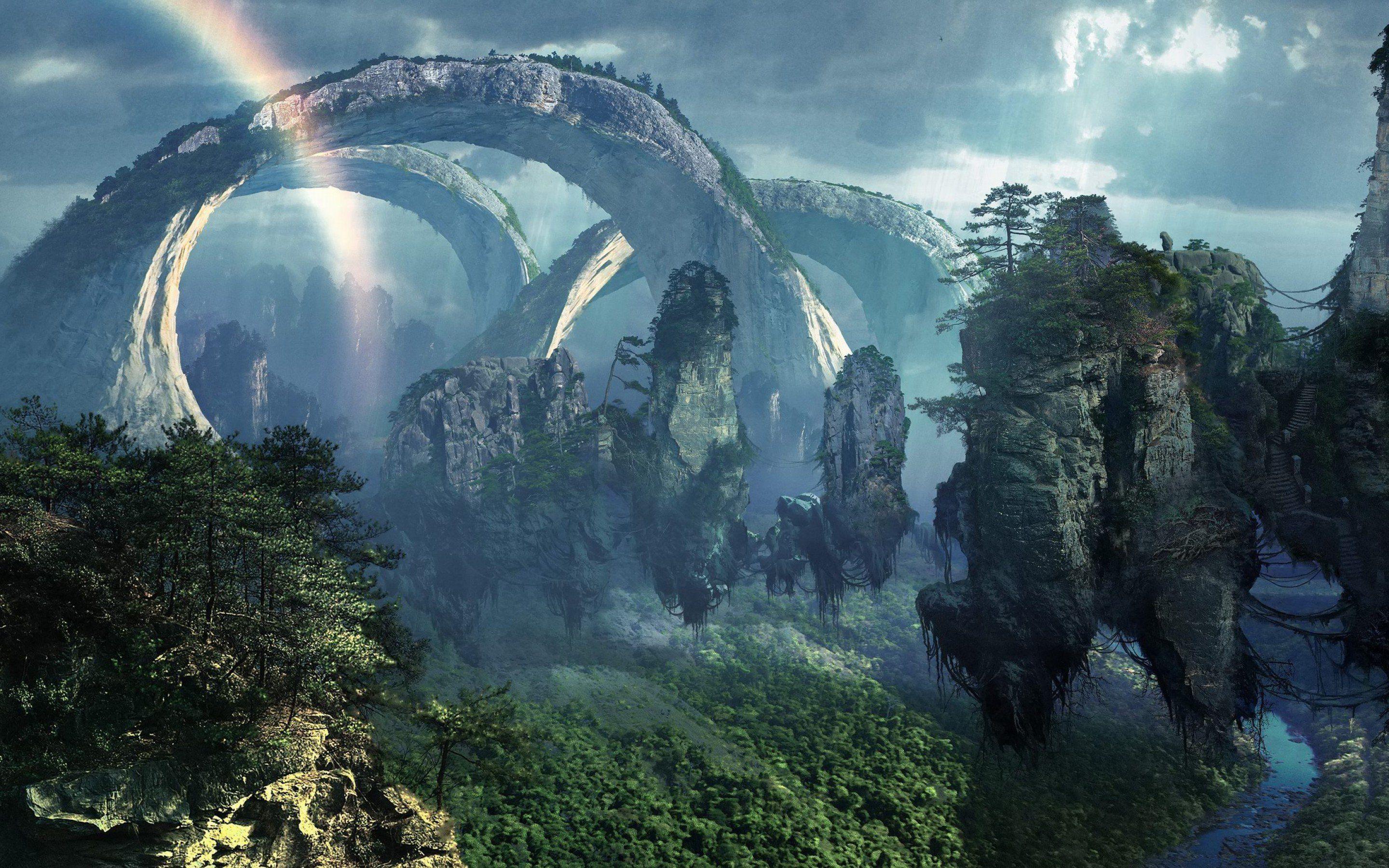 2880x1800 landscape, Art, Artwork, Rainbow, Forest, Jungle Wallpaper