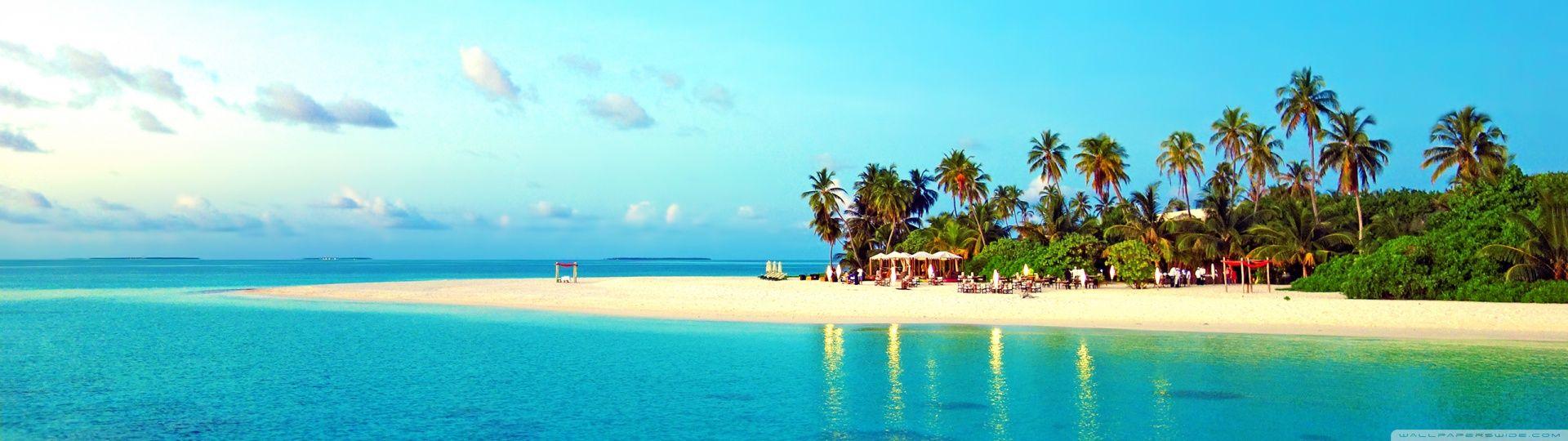 1920x540 Tropical Beach With Palm Trees ❤ 4K HD Desktop Wallpaper