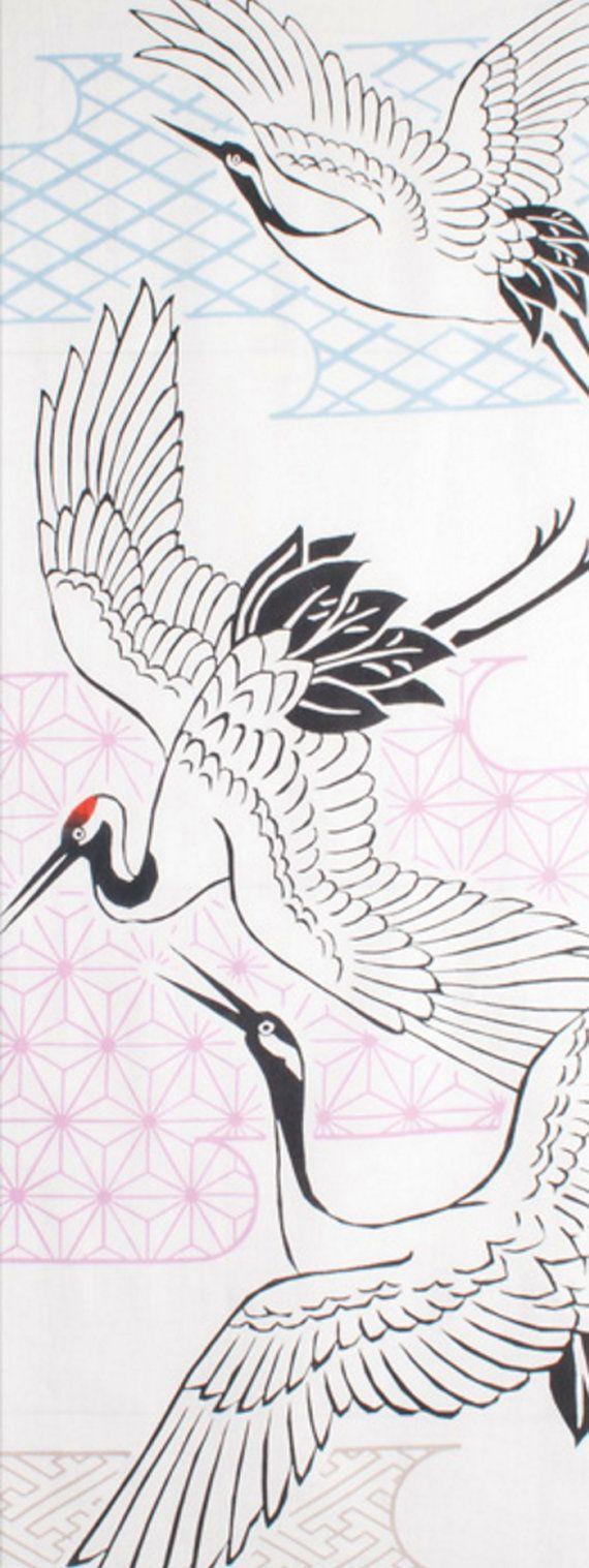 570x1517 Japanese Tenugui Towel Cotton Fabric Crane Bird Japanese. Fabric