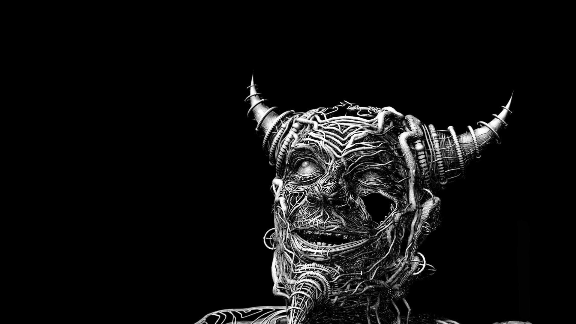 1920x1080 minimalism, Black Background, Digital Art, Monochrome, Creature, Face, Horns, Smiling, Wires, Looking Up Wallpaper HD / Desktop and Mobile Background