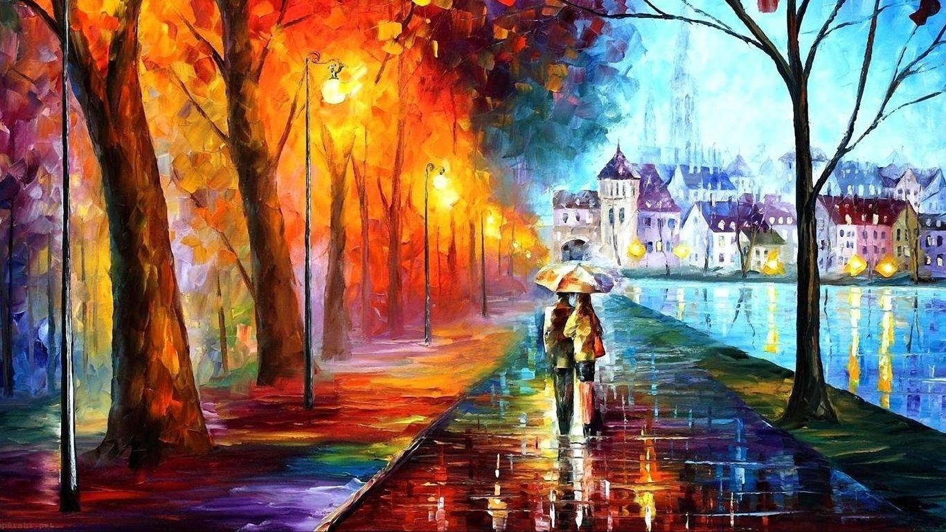 1366x768 Download wallpaper 1366x768 autumn, drawing, walking tablet