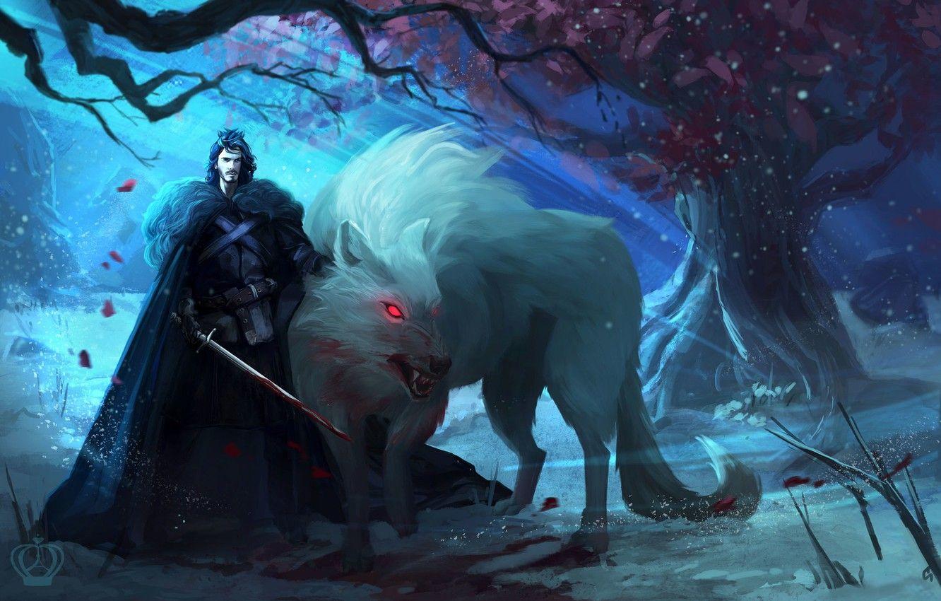 1332x850 Wallpaper tree, wolf, art, male, Ghost, Ghost, Game Of Thrones