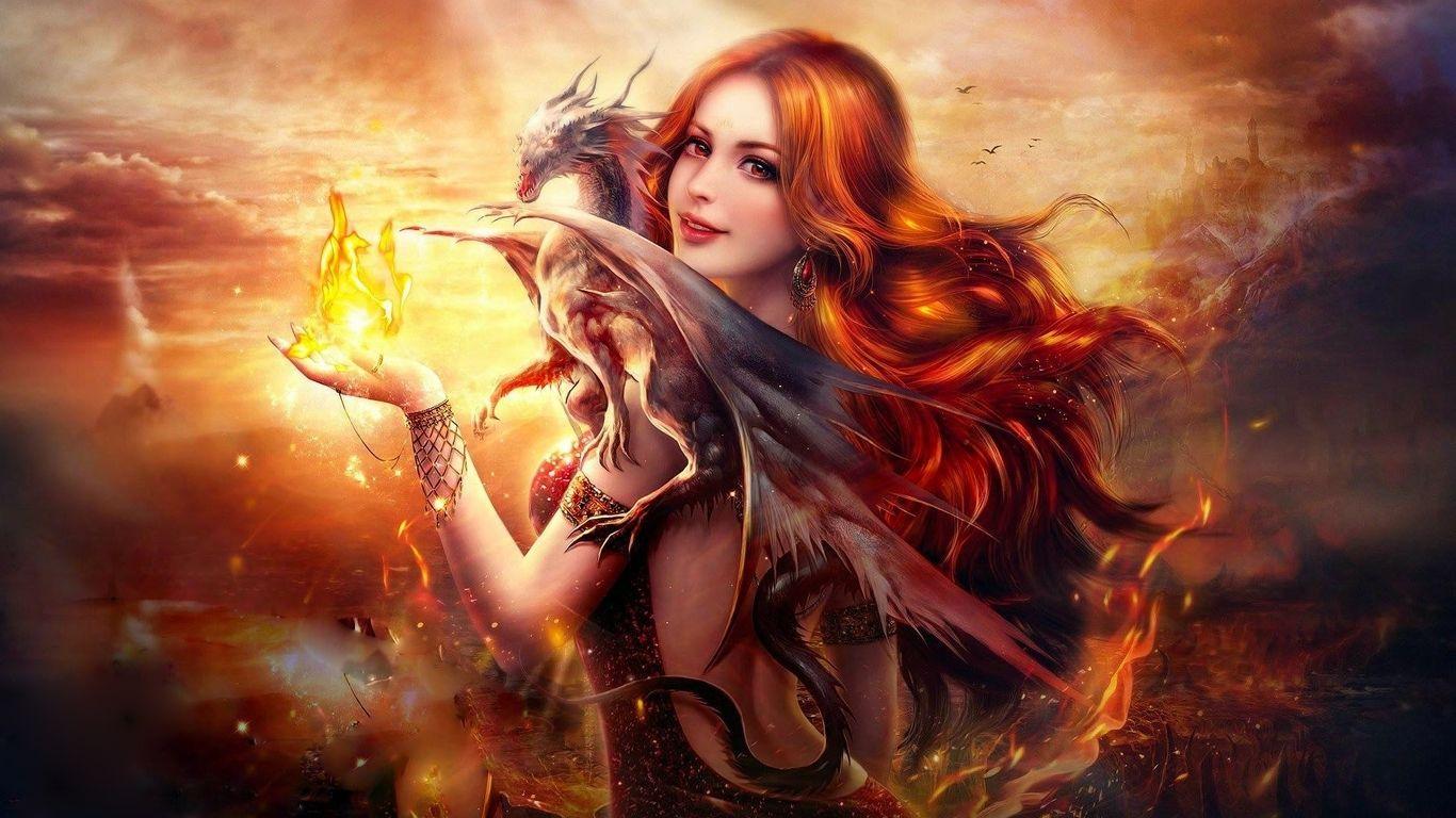 1366x768 Fantasy Girl Dragon Fire 1366x768 Resolution HD 4k
