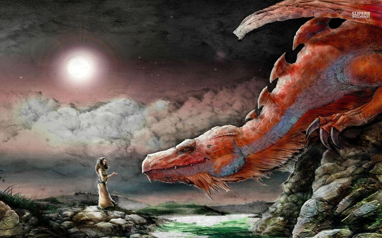 1280x800 woman and dragon photo. Woman and a red dragon wallpaper