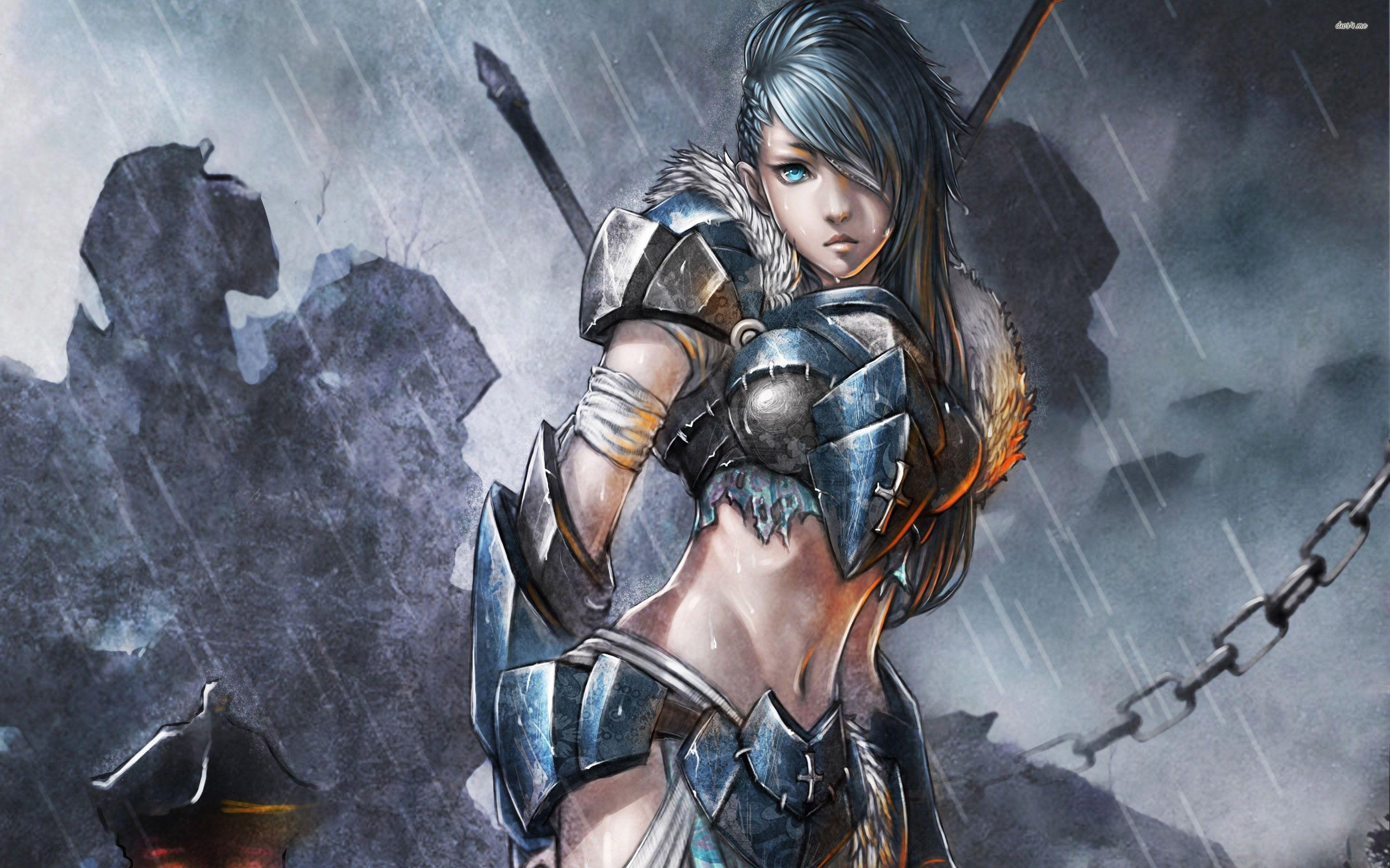 2880x1800 Warrior girl in the rain wallpaper wallpaper