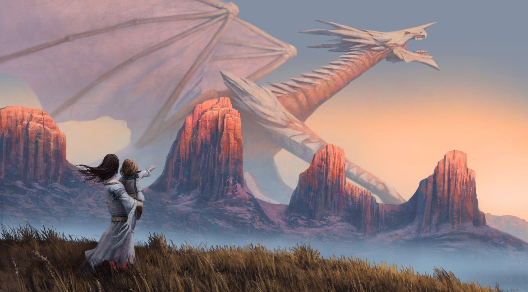 1997x1106 Woman with child watching the white dragon digital wallpaper