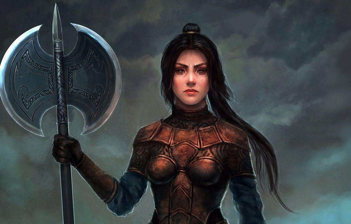 1332x850 Wallpaper dark, girl, fantasy, weapon, Warrior, ponytail