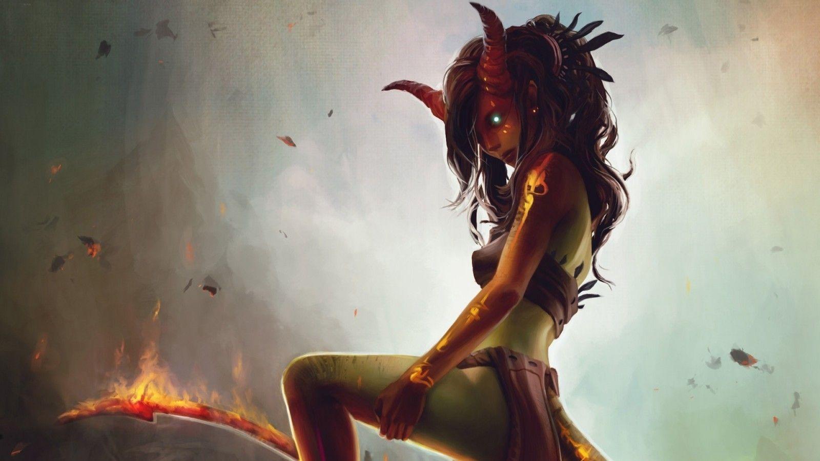 1600x900 Download 1600x900 Demon Girl, Horns, Tattoo, Fire, Shiny