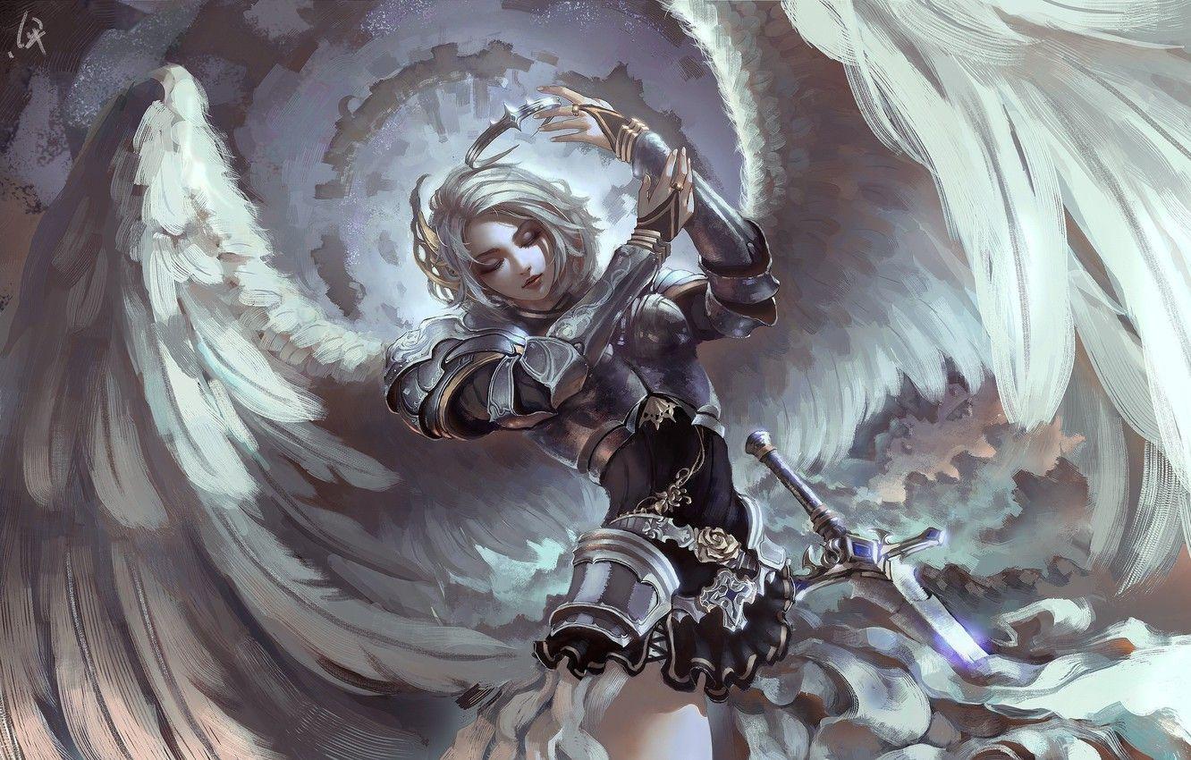 1332x850 Wallpaper girl, sword, fantasy, armor, wings, crown, Angel
