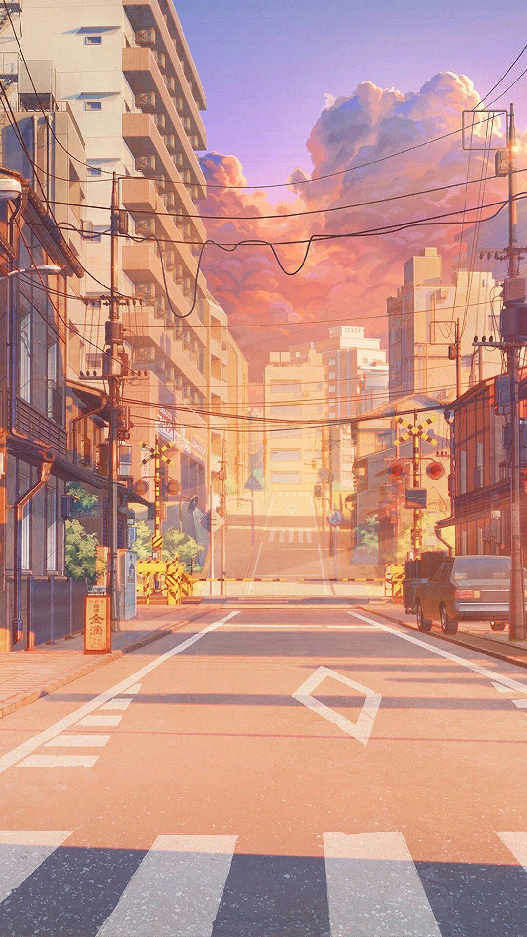 1080x1920 Anime hoàng hôn đường phố minh họa hình nền
