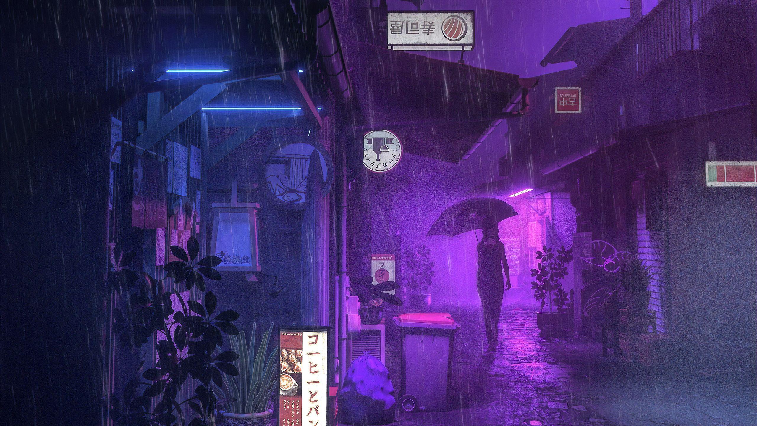 2560x1440 Village Street Neon Girl Umbrella, Anime HD, Hình nền 4k