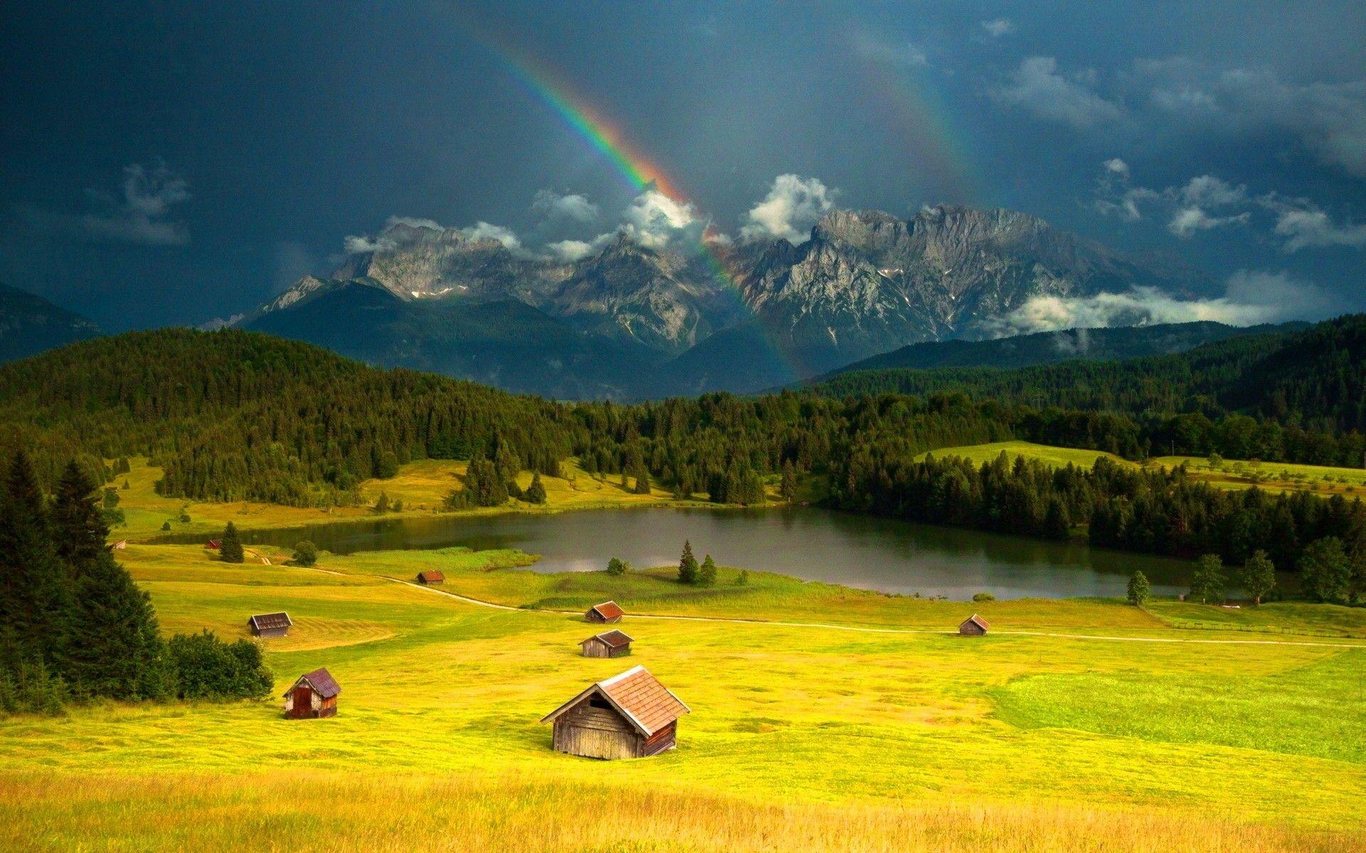 1920x1200 Rainbow over mountain village wallpaper. PC