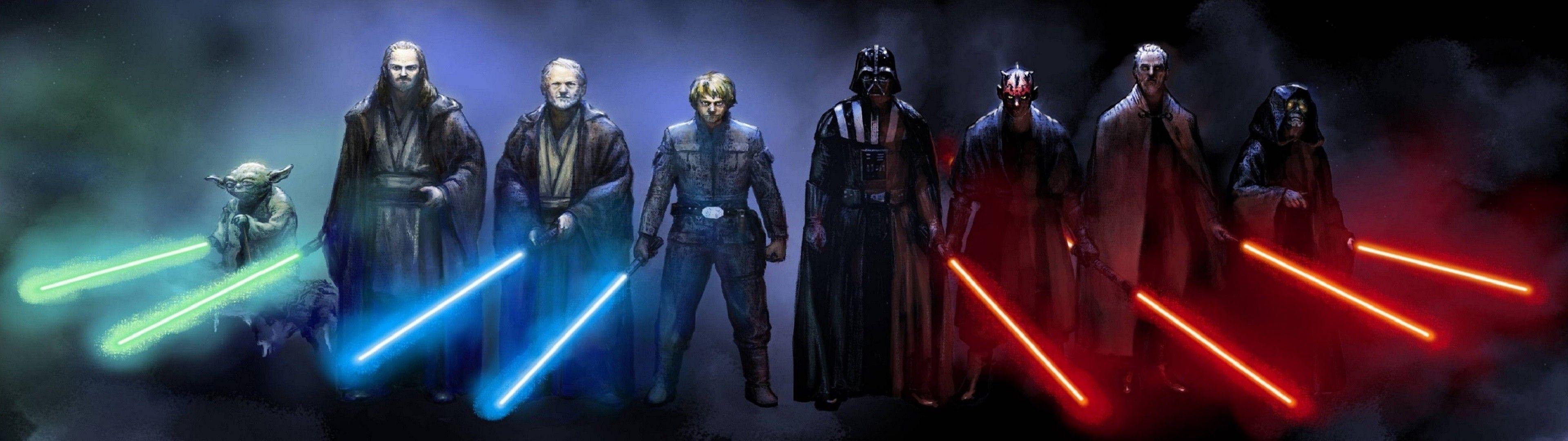 3840x1080 multiple Display, Star Wars, Darth Vader, Yoda, Obi Wan