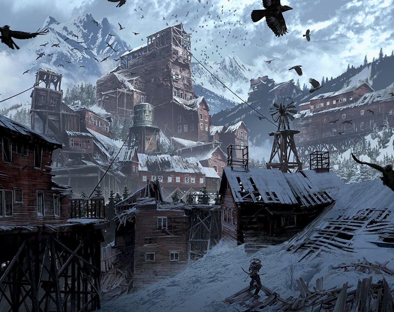 1294x1024 Image Rise of the Tomb Raider Lara Croft Village Winter Mountains