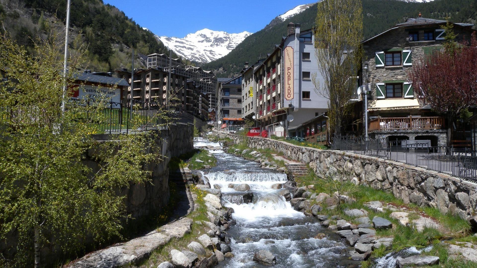 1920x1080 Rivers: Rocks Ainsal Andorra Stream Mountains Village Wallpaper