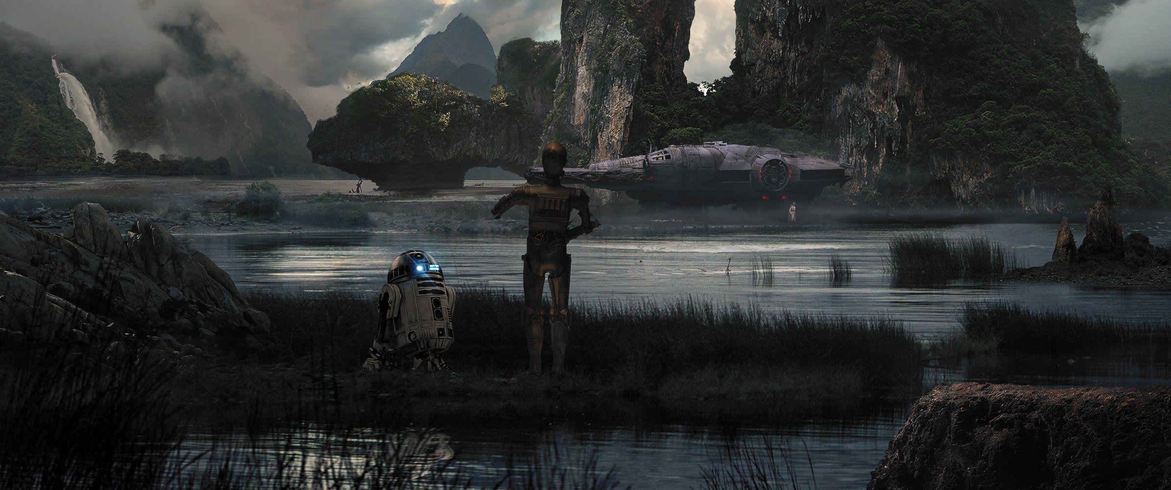 2390x1000 r2 d2 star wars fan art millennium falcon wallpaper