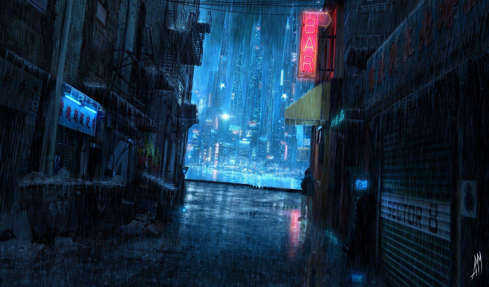 1700x1000 rain city lights night future. eventually 2. Anime scenery