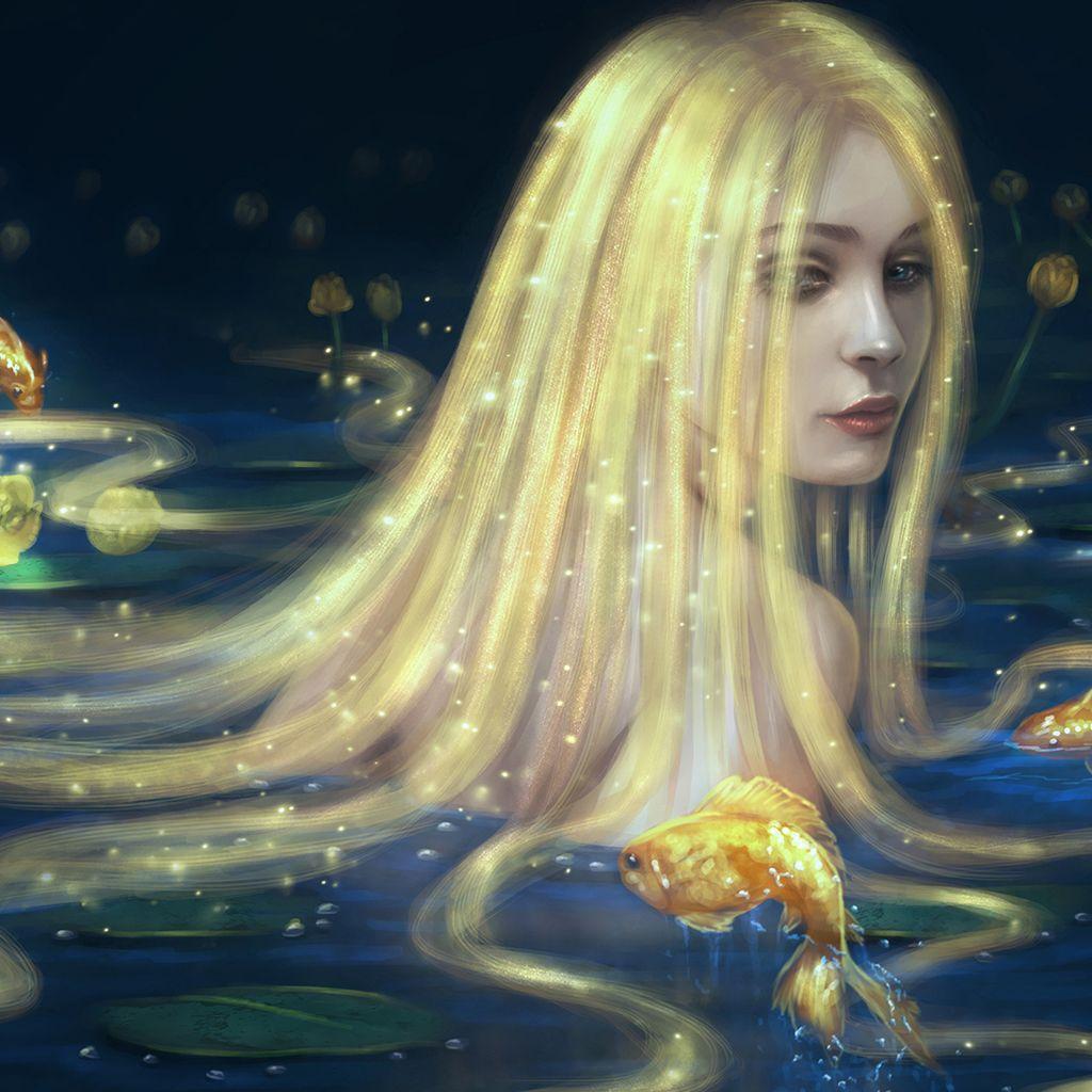 1024x1024 Mermaid In Golden Long Hair Artwork iPad Wallpaper Free