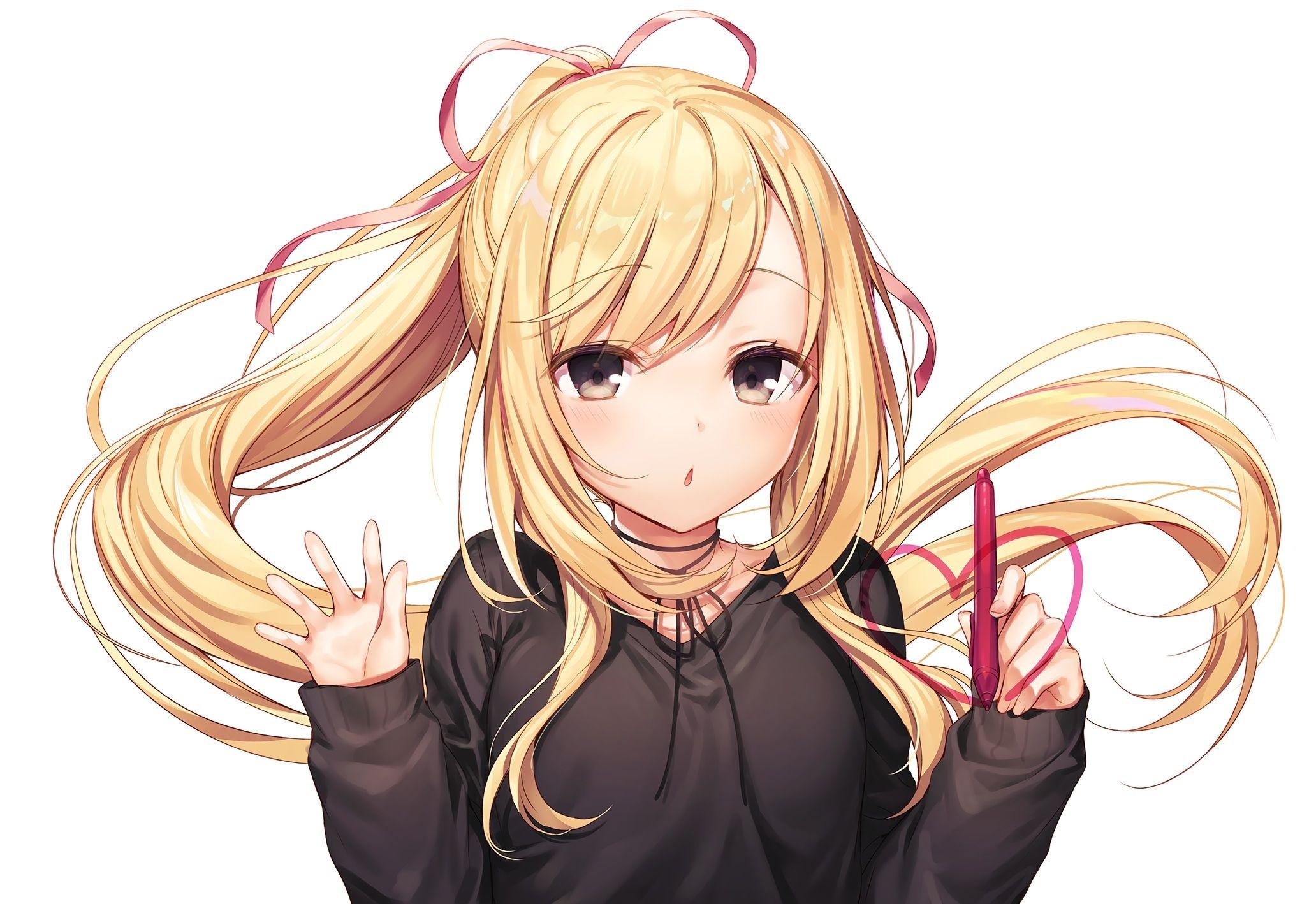 2064x1418 Download 2064x1418 Anime Girl, Blonde, Pen, Long Hair, Cute