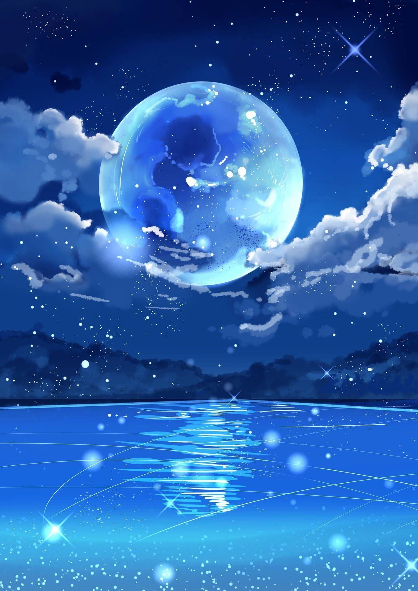 1358x1920 Galaxy Moon Clouds And Ocean Wallpaper