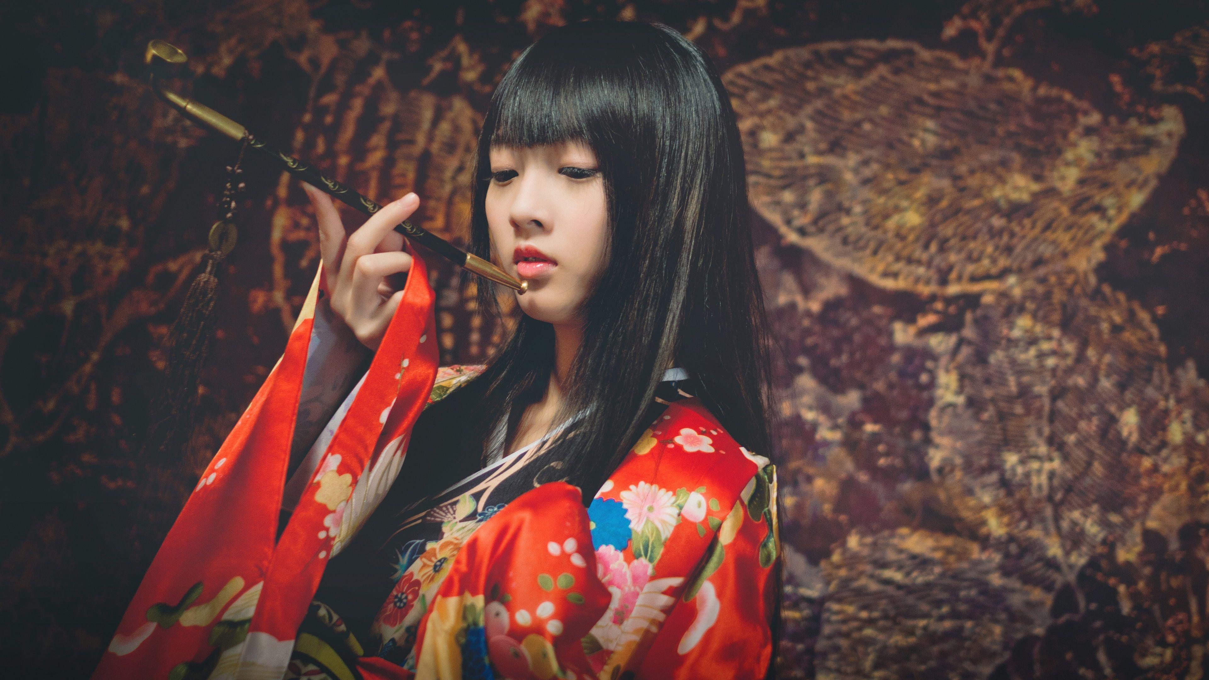 3840x2160 Wallpaper Japanese girl, kimono dress, smoking 3840x2160 UHD