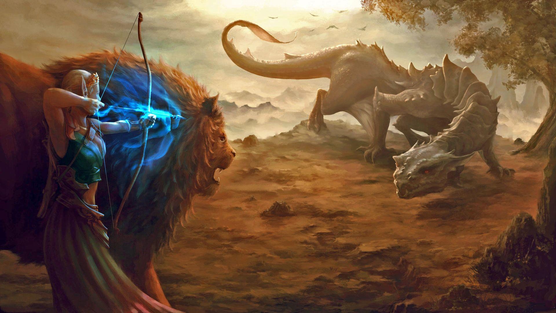 1920x1080 dragon, lion, fantasy, magic, elf wallpaper