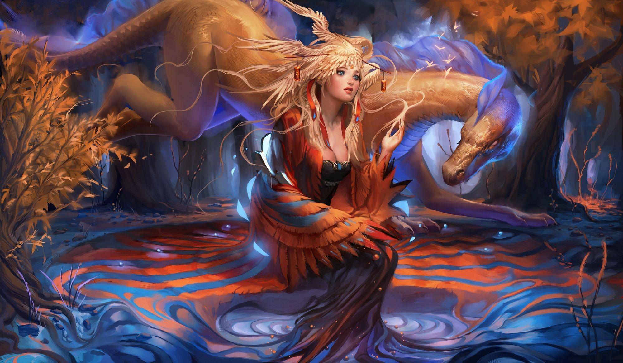 2000x1165 Fantasy Art Girl Dragon Forest Princess Magic Wings HD Wallpaper