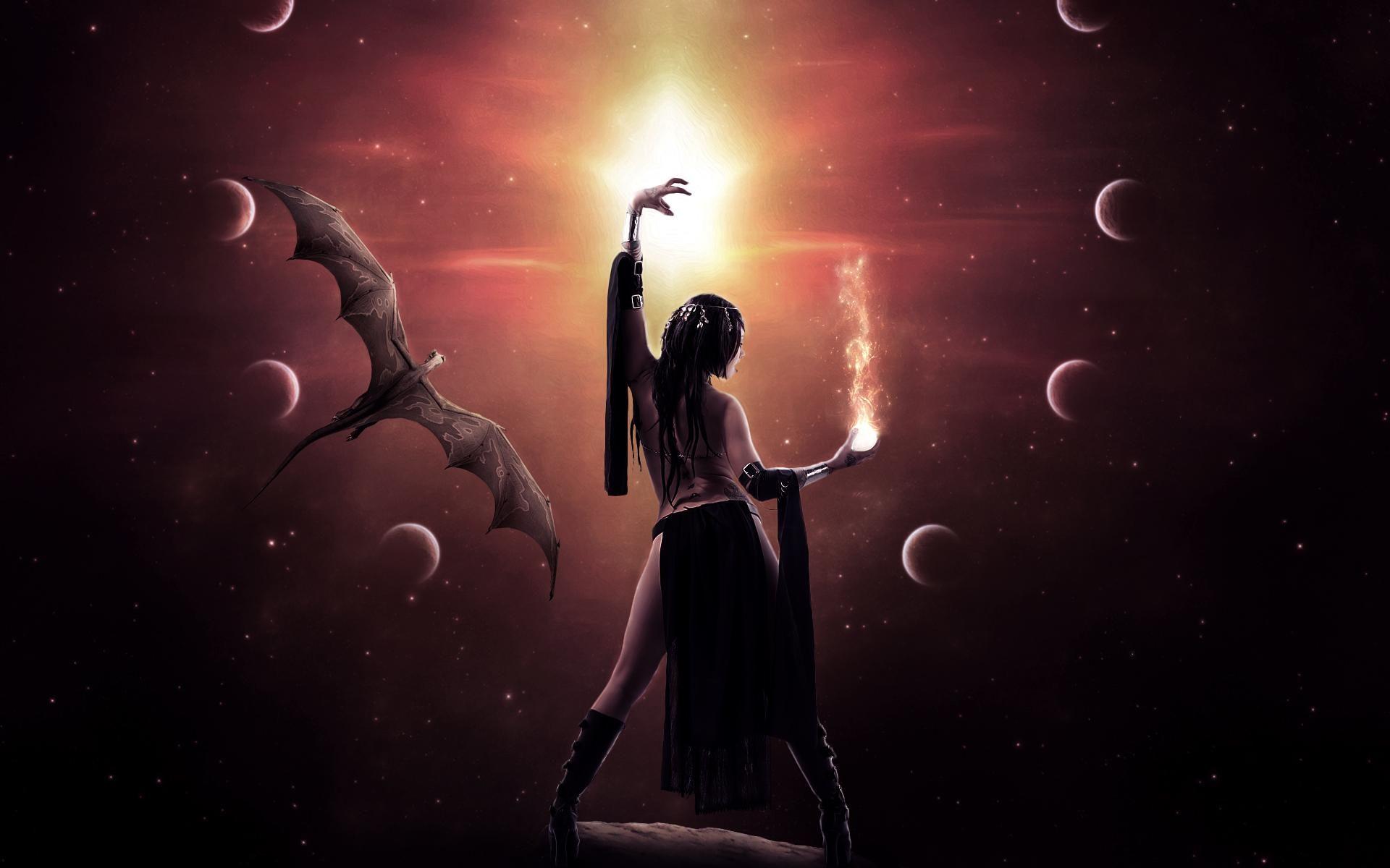 1920x1200 HD Dragon Magic Sorceress Stars Space Image Download Wallpaper