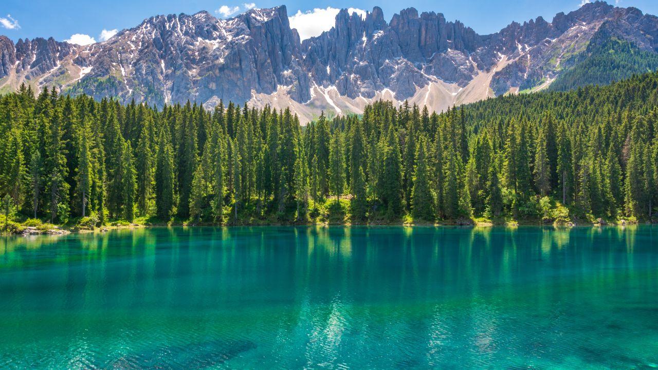 1280x720 Wallpaper Karersee Lake, Landscape, Mountains, Dolomites