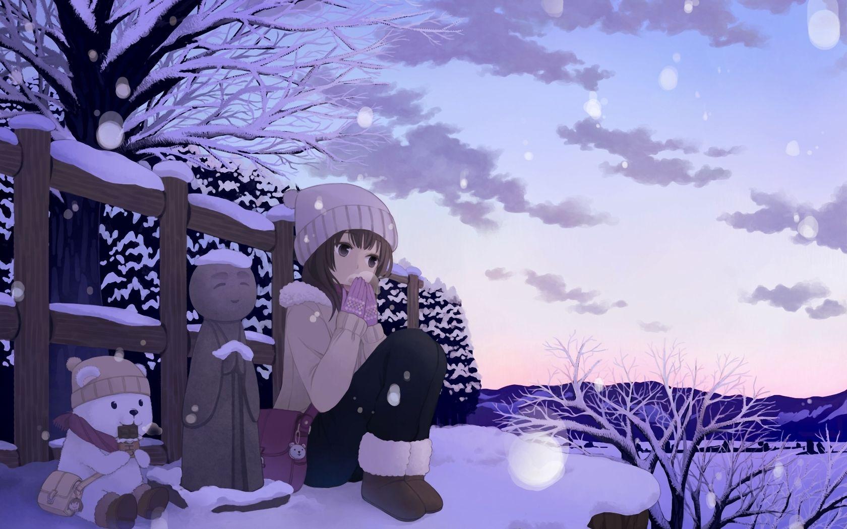 Winter Autumn Anime Girl Sunset Wallpaper 4K PC Desktop 4090e