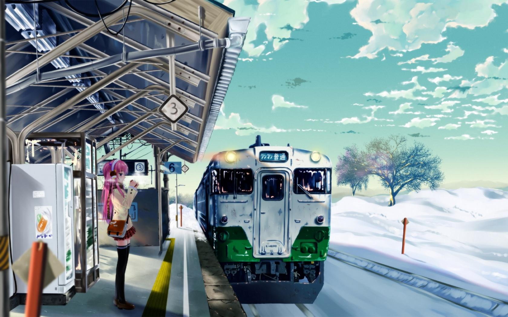 1680x1050 Anime girl trainstation winter wallpaperx1050