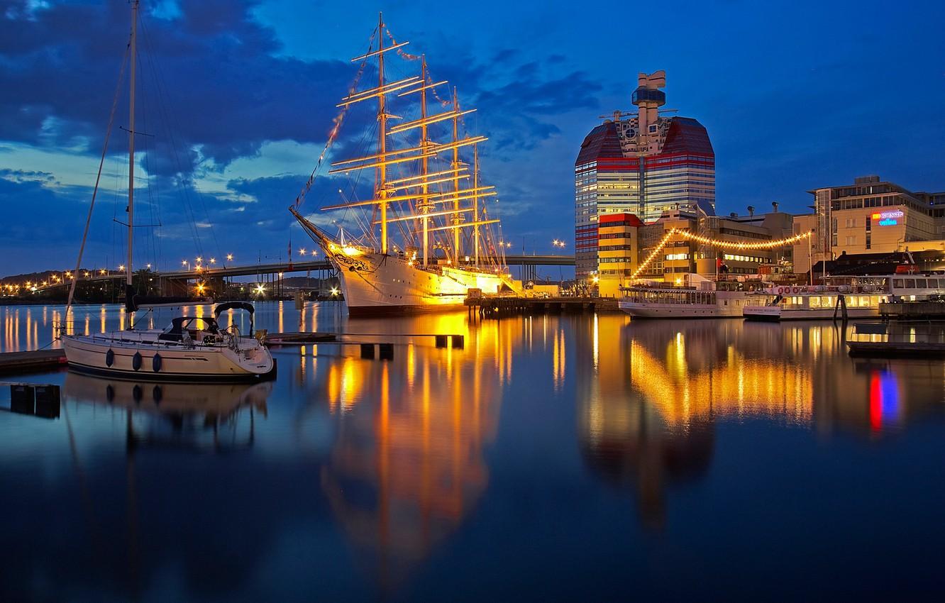 1332x850 Wallpaper night, lights, ship, sailboat, yacht, Sweden