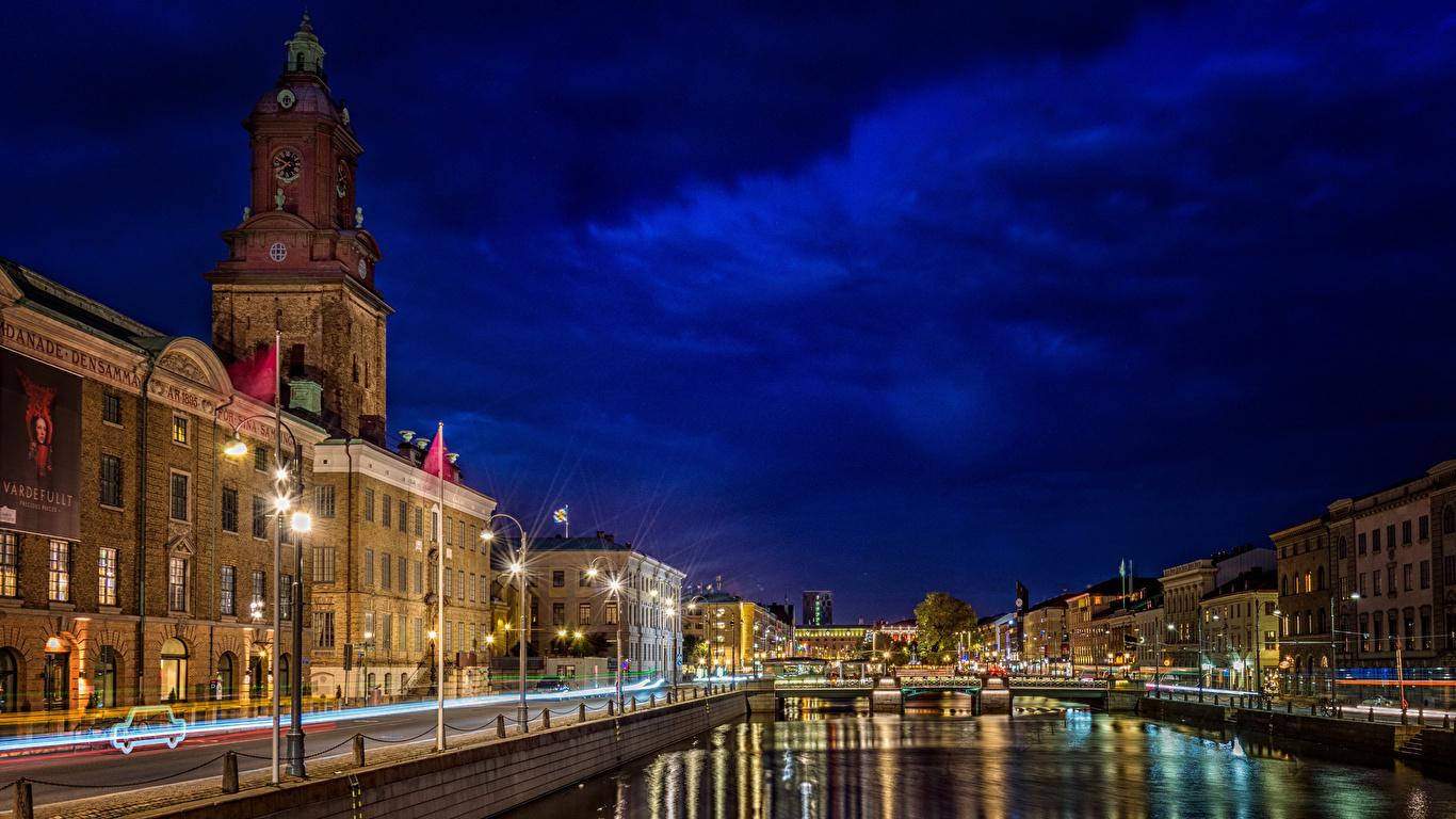 1366x768 Picture Sweden Gothenburg Canal Sky river Night Street 1366x768