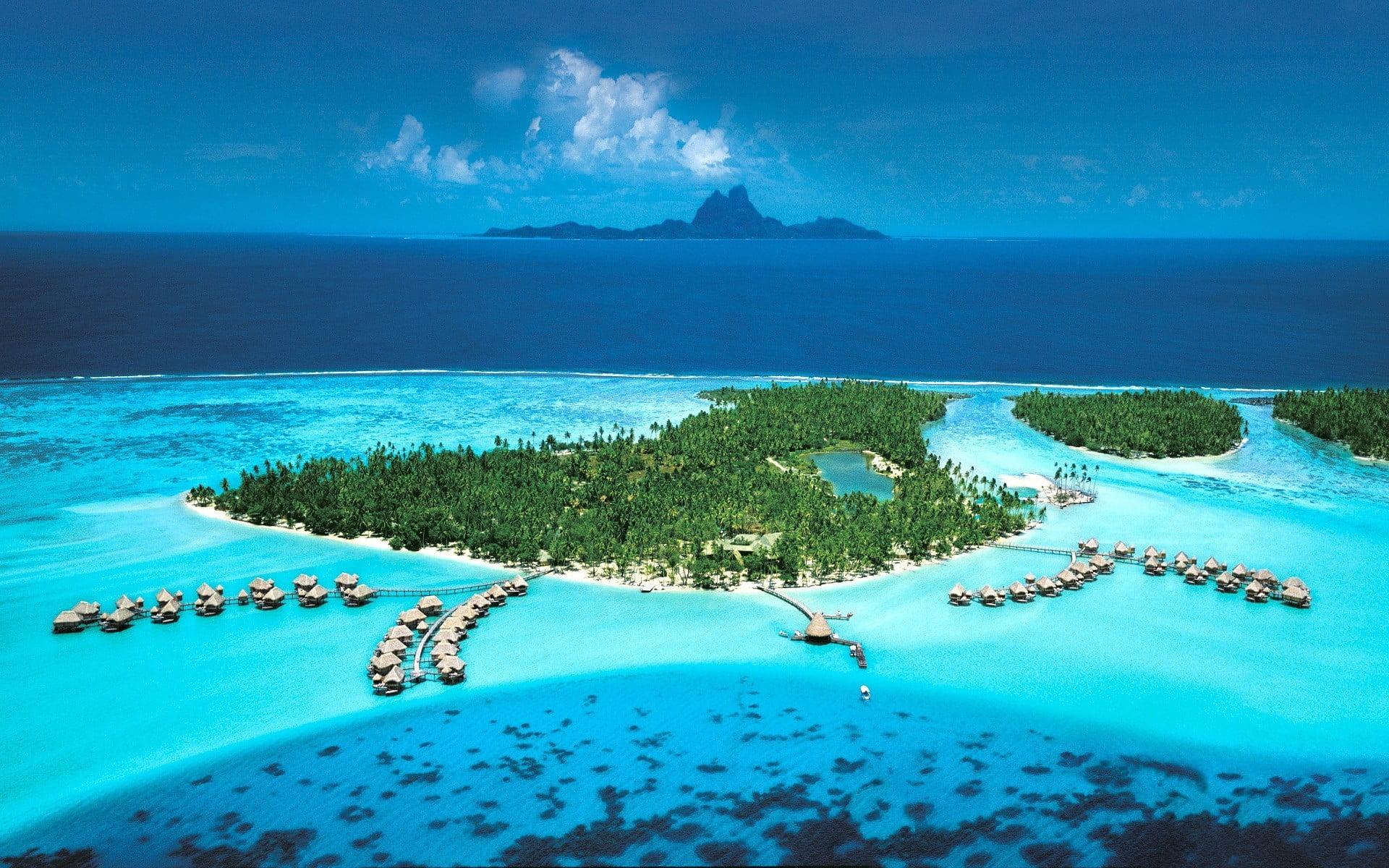 1920x1200 Aerial photo of island, landscape, Bora Bora, beach, sea HD
