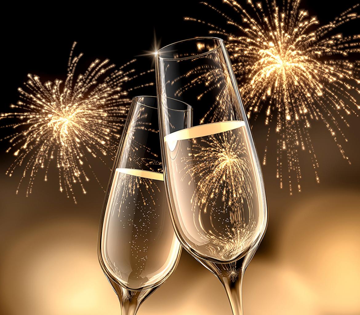 1170x1024 Wallpaper New year Fireworks Two Champagne Food Stemware