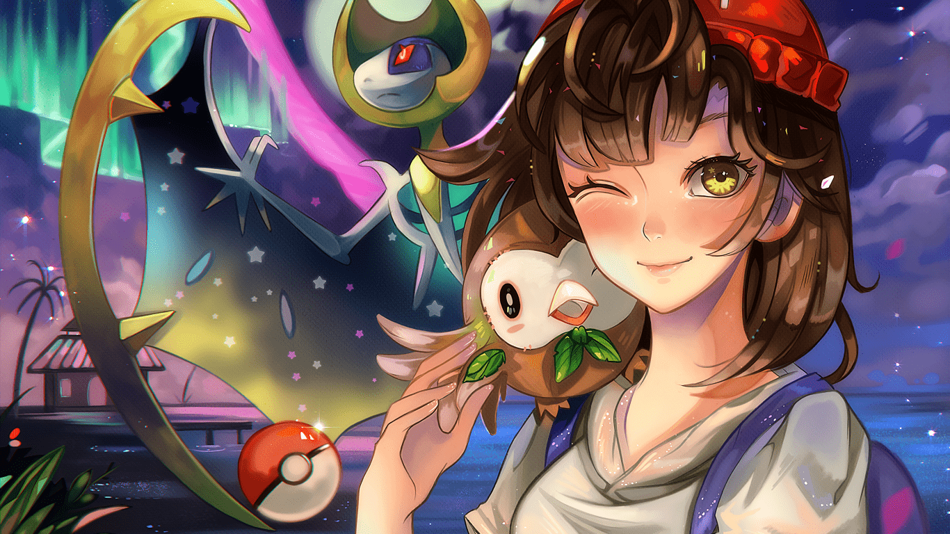 1366x768 Download 1366x768 Pokemon Sun And Moon, Lunala, Rowlet, Wink