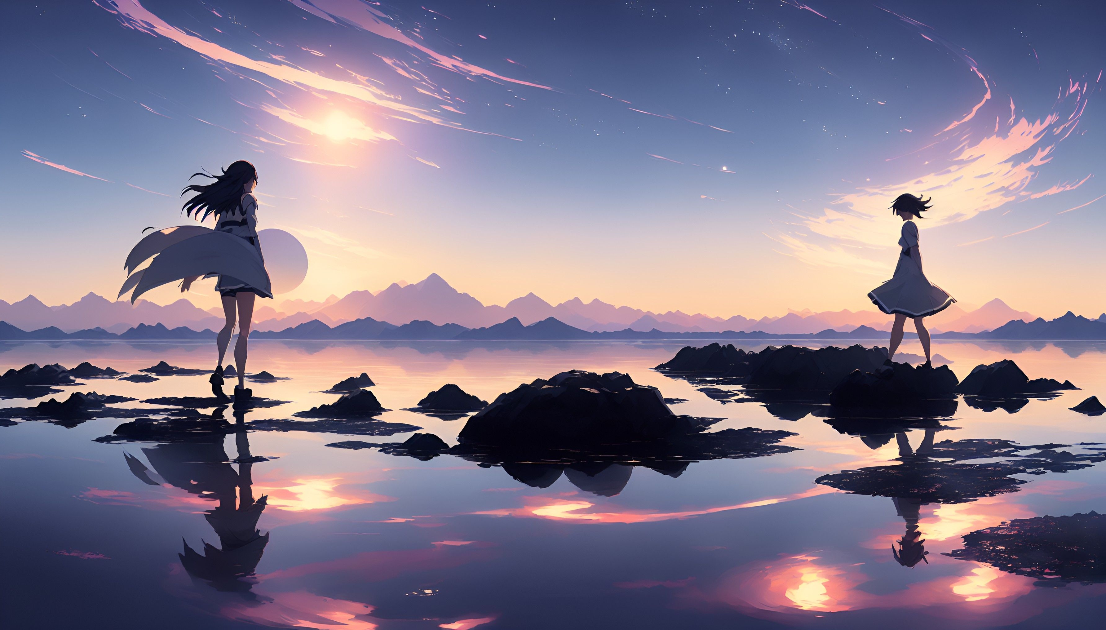 3568x2032 Anime Girl walking on Water HD AI Art Wallpaper, HD Anime 4K Wallpaper, Image and Background