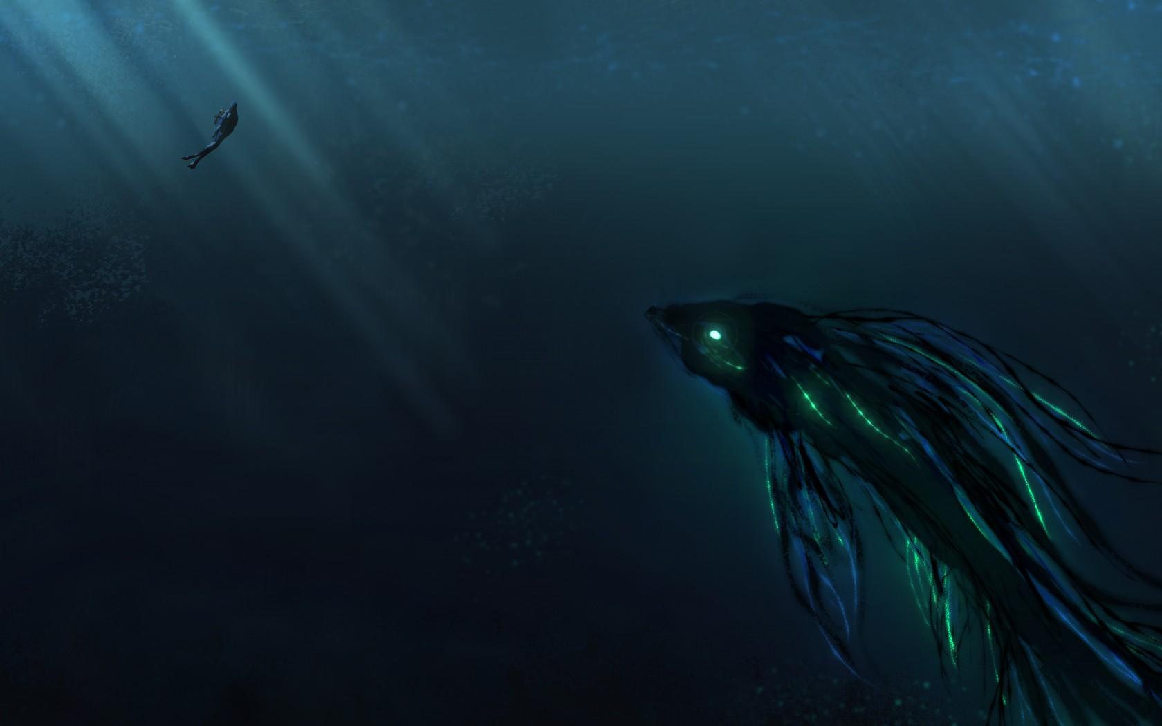 1680x1050 Wallpaper Deep Sea, Scuba Diver, Giant creature, HD, 4K