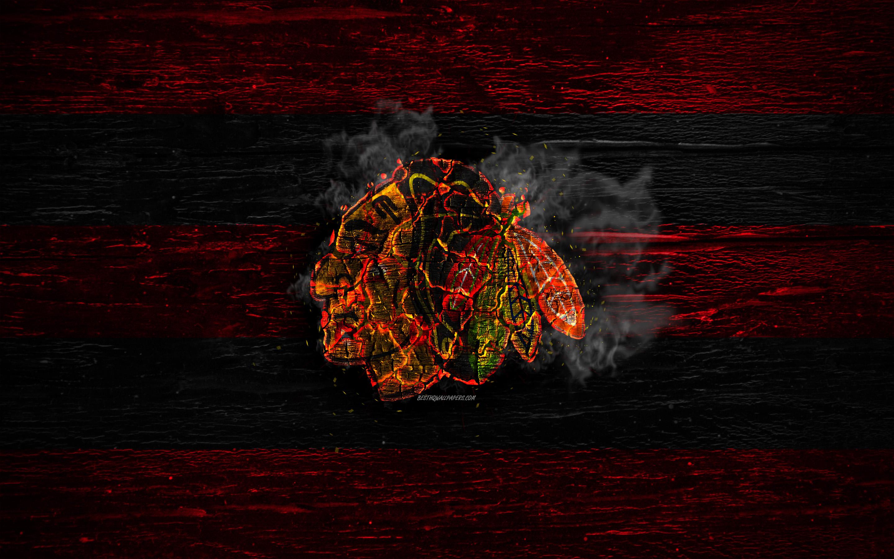 2880x1800 Download wallpaper Chicago Blackhawks, fire logo, NHL, red