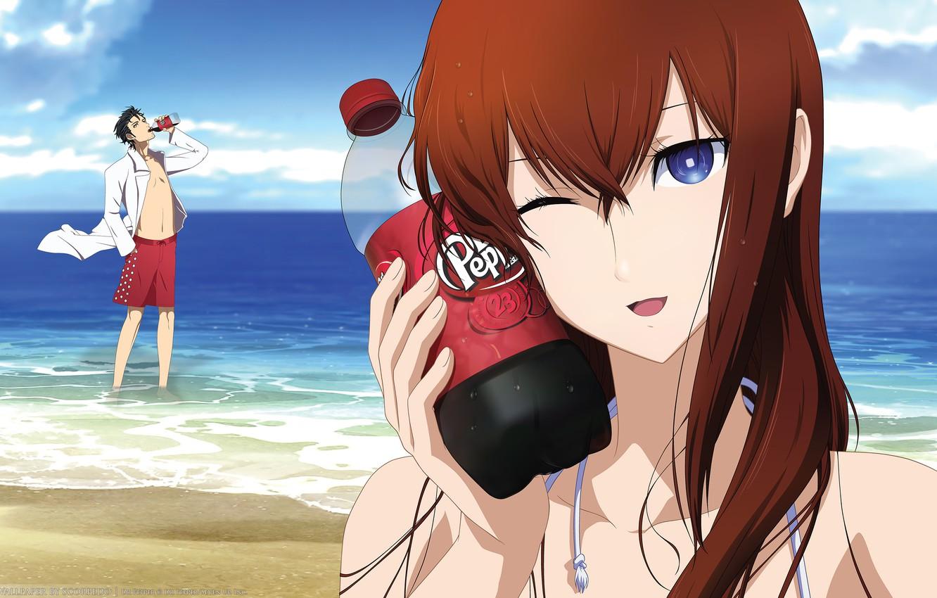 1332x850 Wallpaper Sea, Beach, Girl, Look, Drink, Male, Makise Kurisu