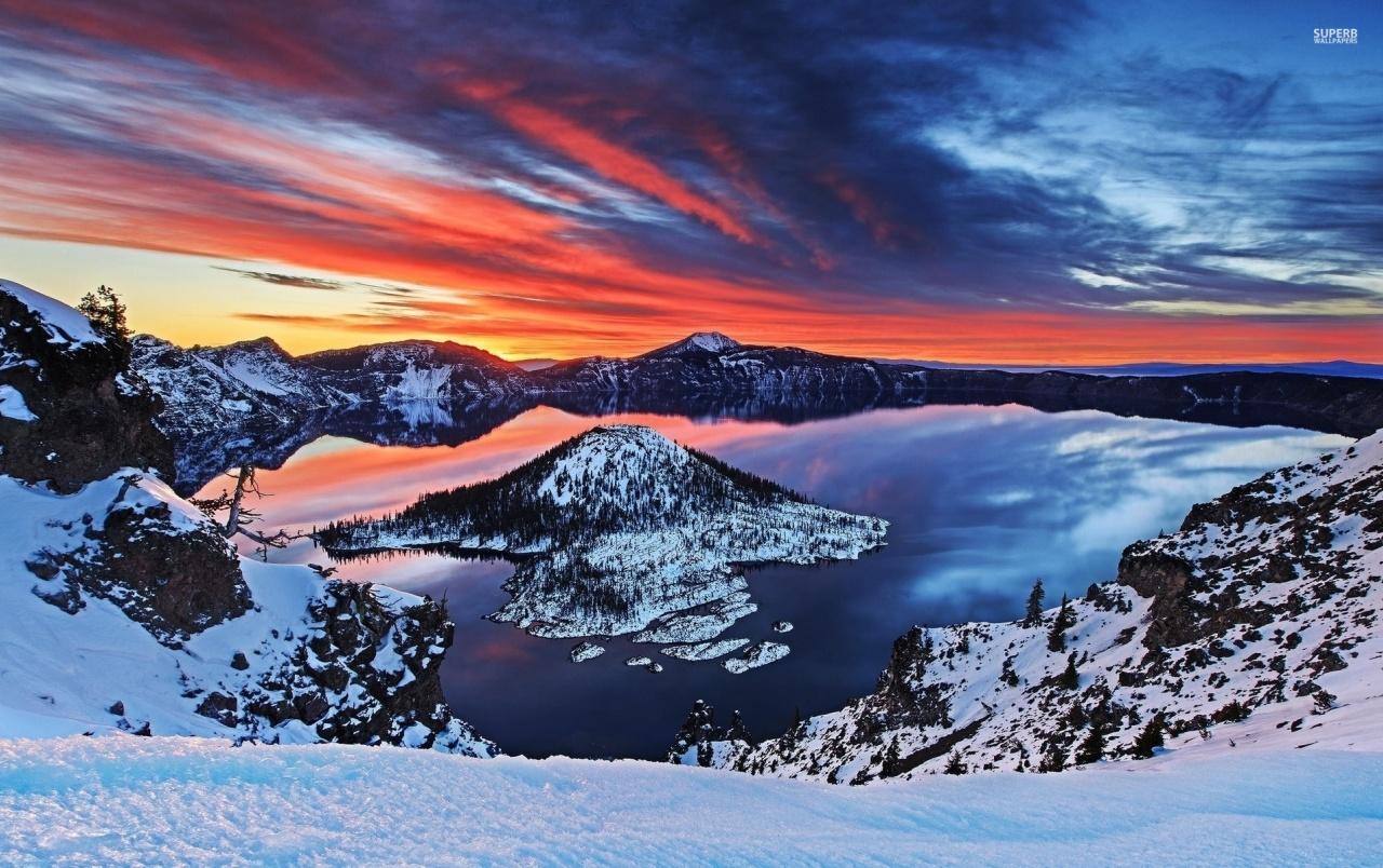 1280x804 Crater Lake Oregon Sunset Snow wallpaper. Crater Lake