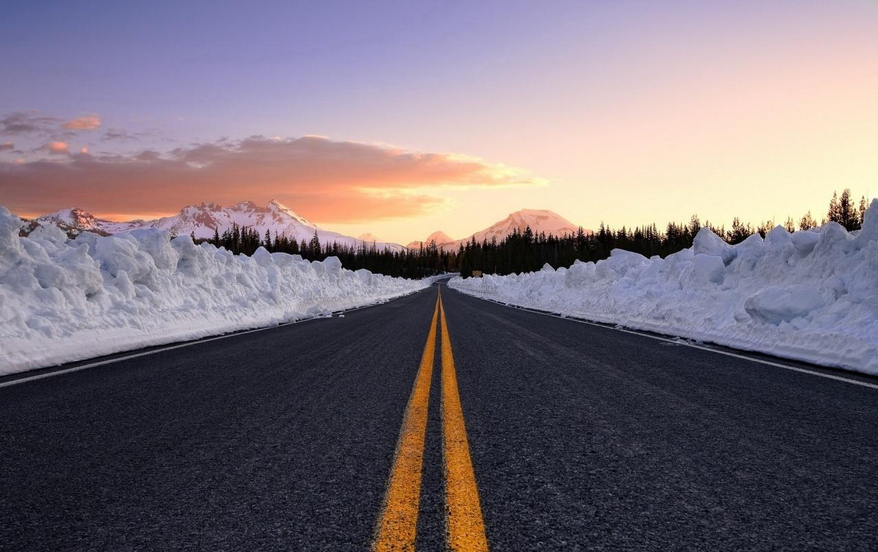 1280x804 Road Snow Wall Trees Sunset wallpaper. Road Snow Wall