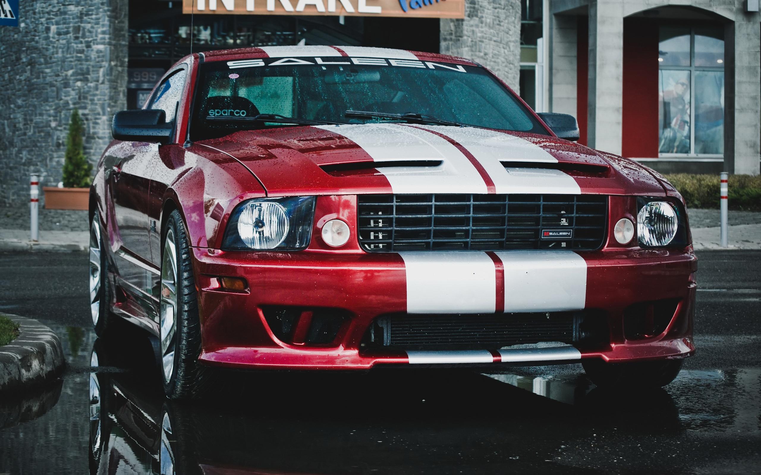 2560x1600 Wallpaper Ford Mustang Saleen car, red and white, rain