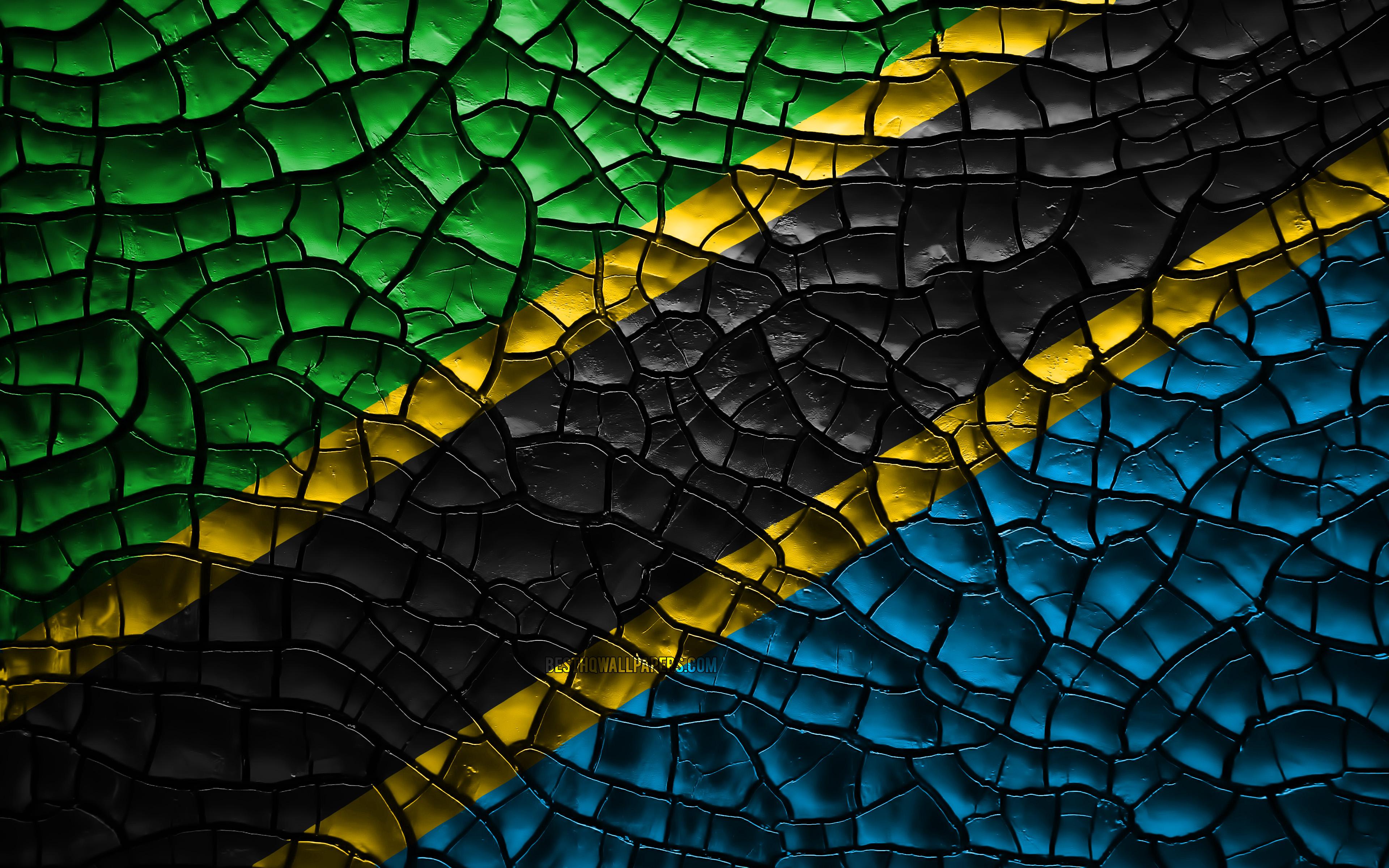 3840x2400 Download wallpaper Flag of Tanzania, 4k, cracked soil