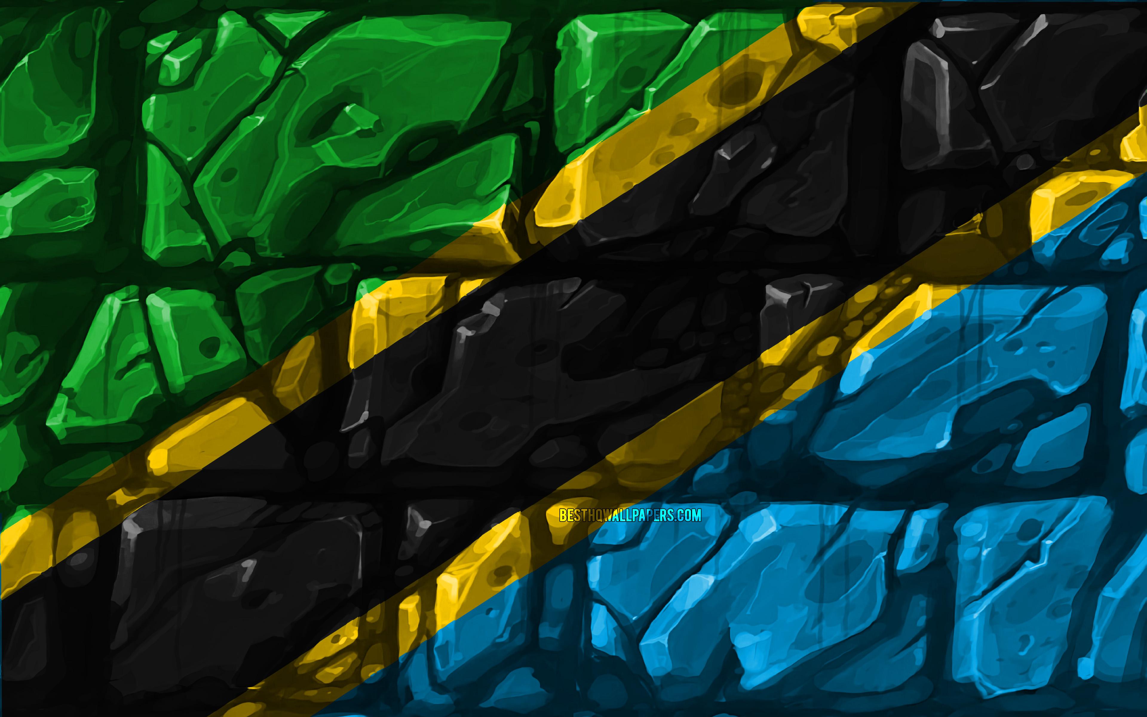 3840x2400 Download wallpaper Tanzanian flag, brickwall, 4k, African