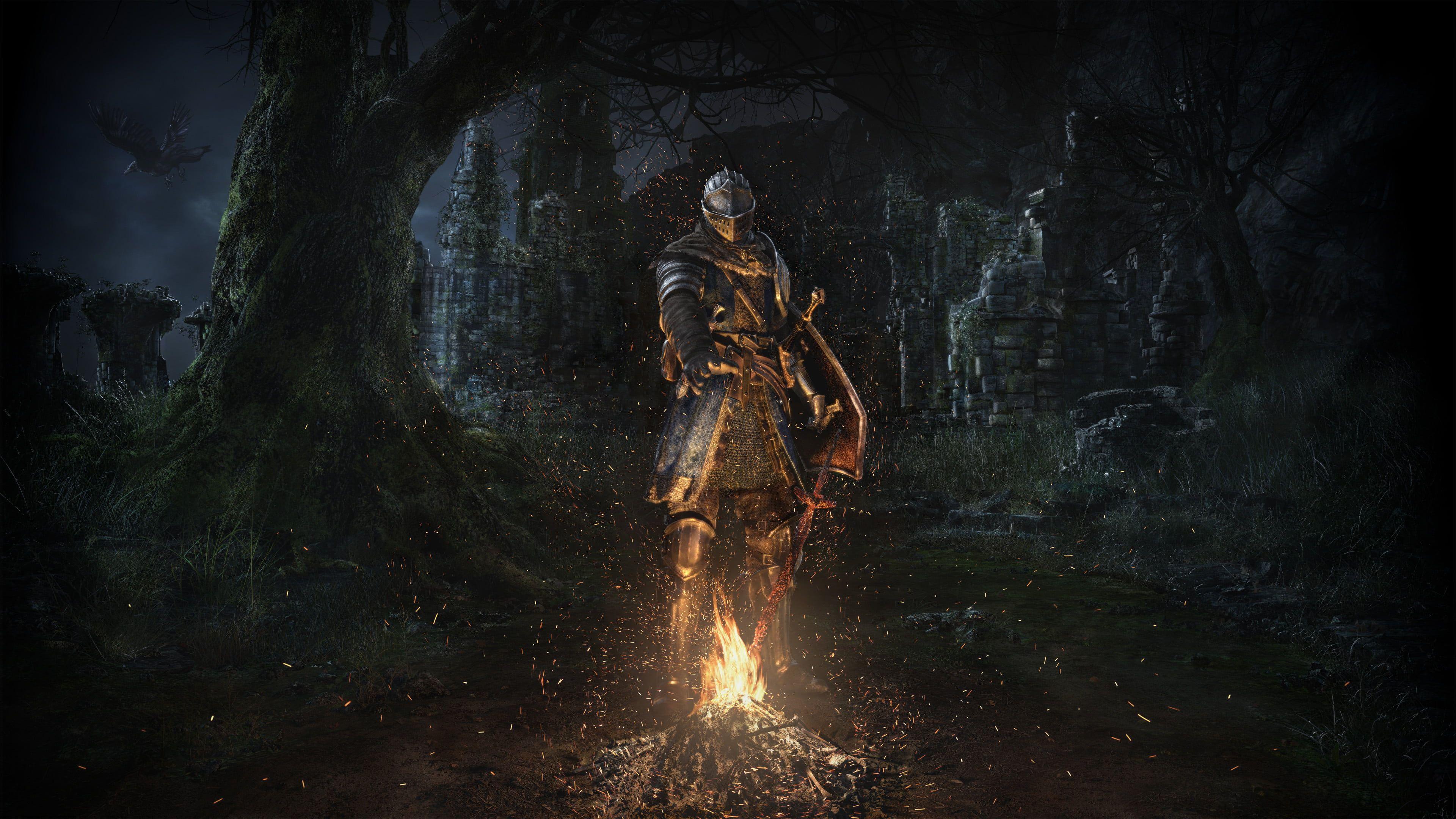 3840x2160 Photo of armored knight near bonfire HD wallpaper