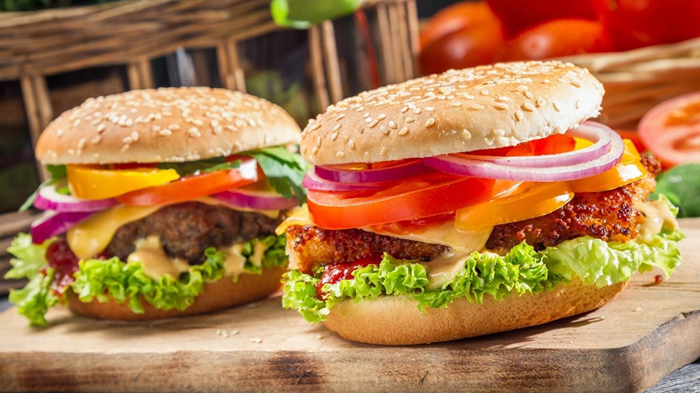 1366x768 image Two Hamburger Fast food Food Vegetables Closeup 1366x768