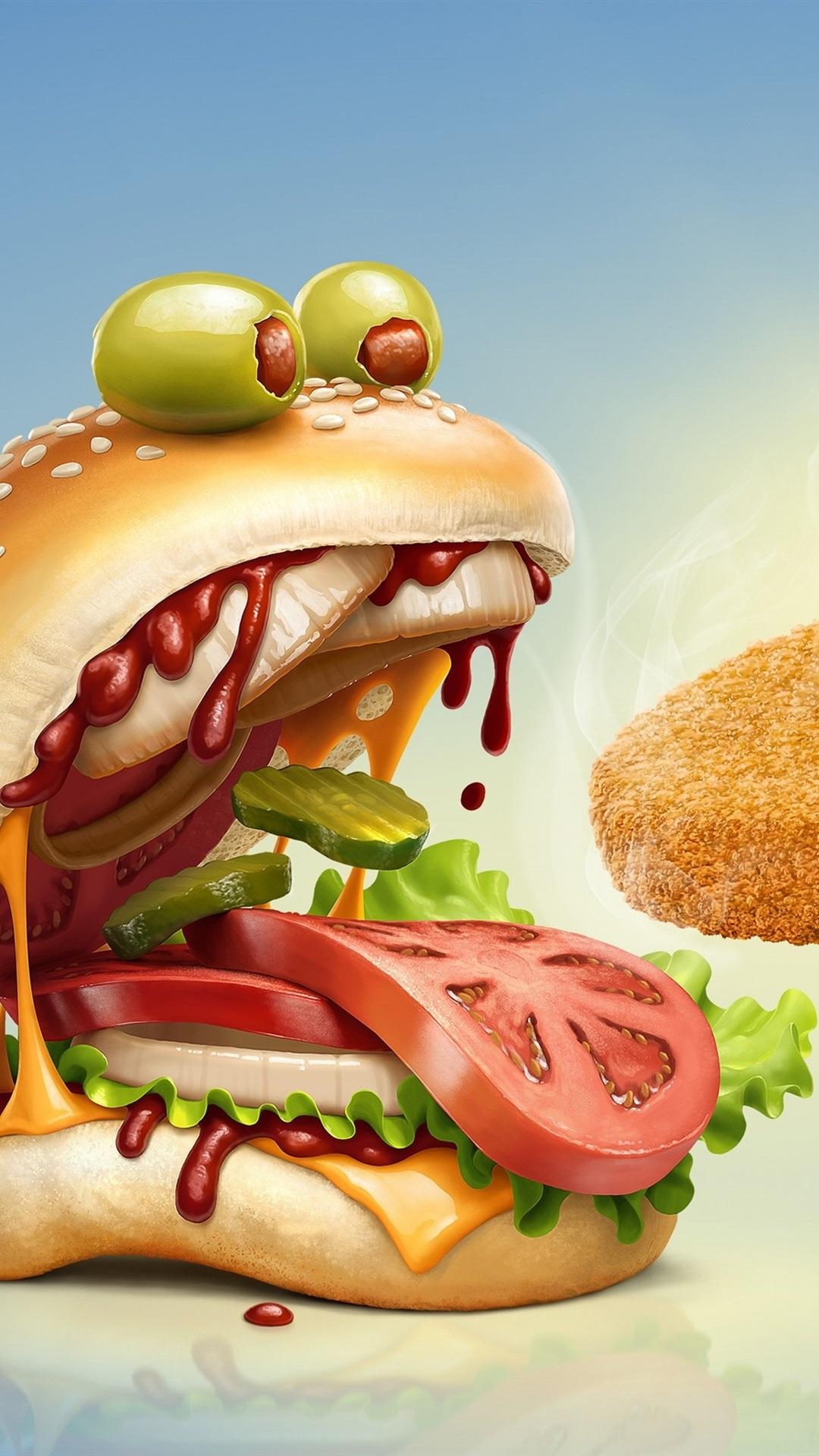 1080x1920 Wallpaper Hamburger open mouth, humor, creative picture