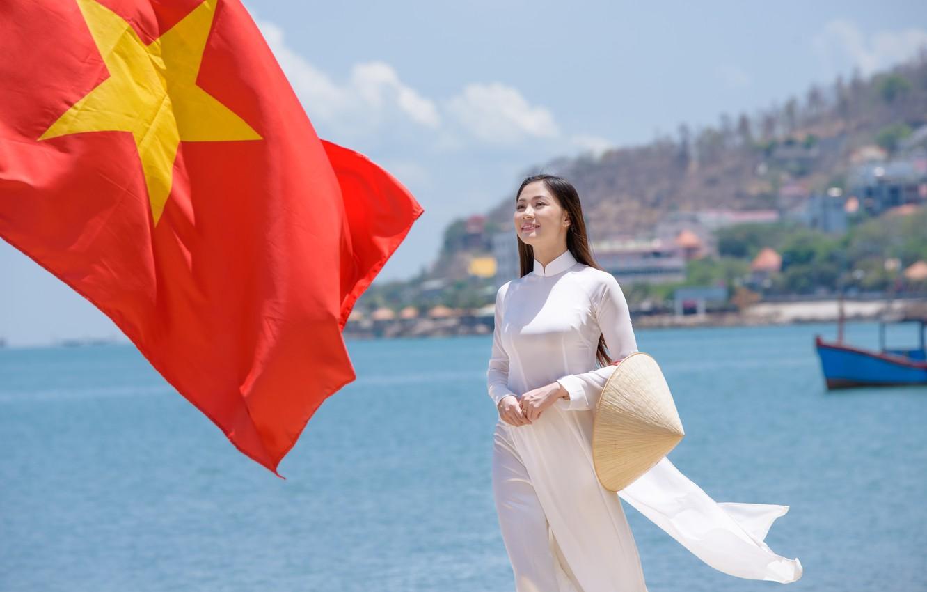1332x850 Wallpaper summer, girl, face, dress, flag, Vietnam image