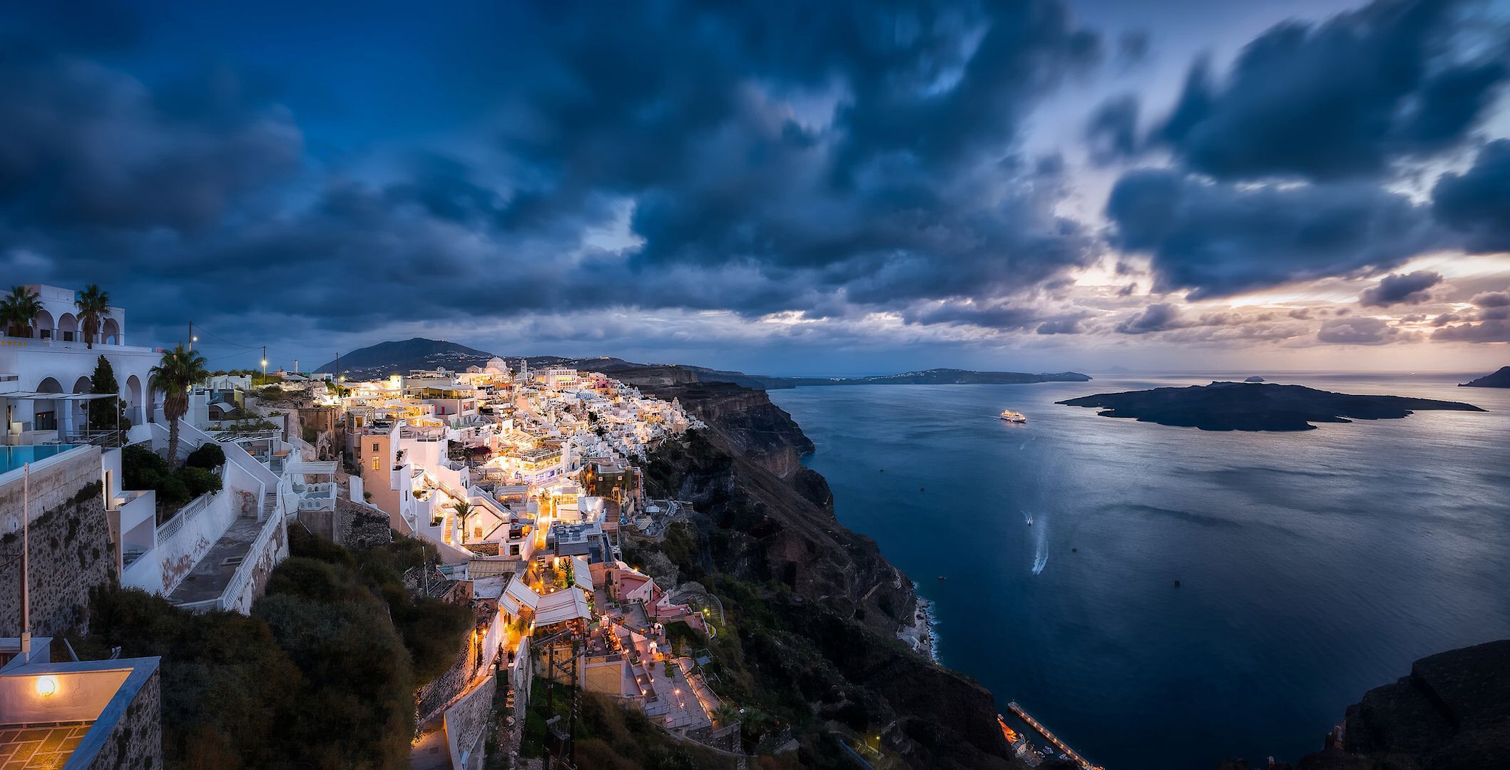 2117x1080 Wallpaper sea, coast, island, Santorini